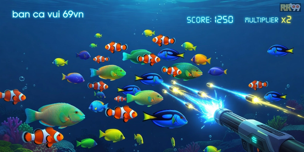 Minh họa khái niệm bắn cá vui 69vn với hình ảnh cá đa sắc màu và súng bắn dưới đại dương