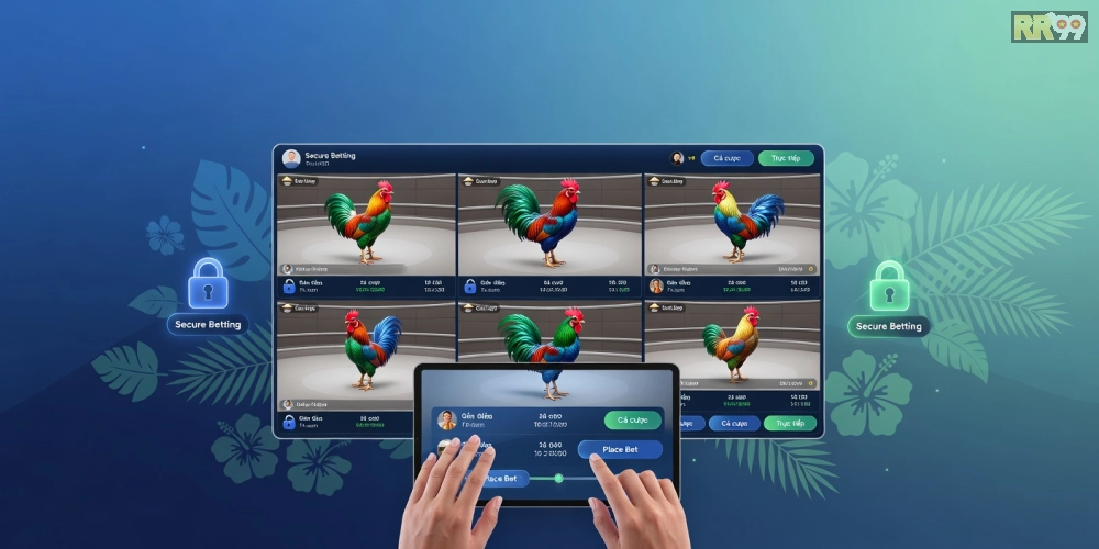 Minh họa khái niệm đá gà trực tuyến với giao diện nền tảng hiện đại và biểu tượng gà chọi