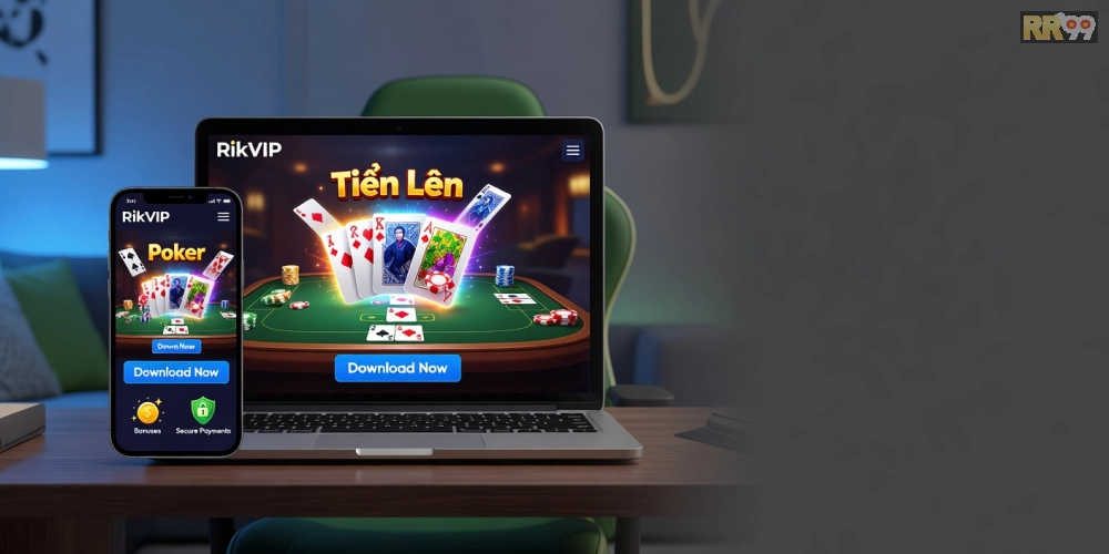 Giao diện tải game bài RikVIP với các trò chơi bài đa dạng và ưu đãi hấp dẫn