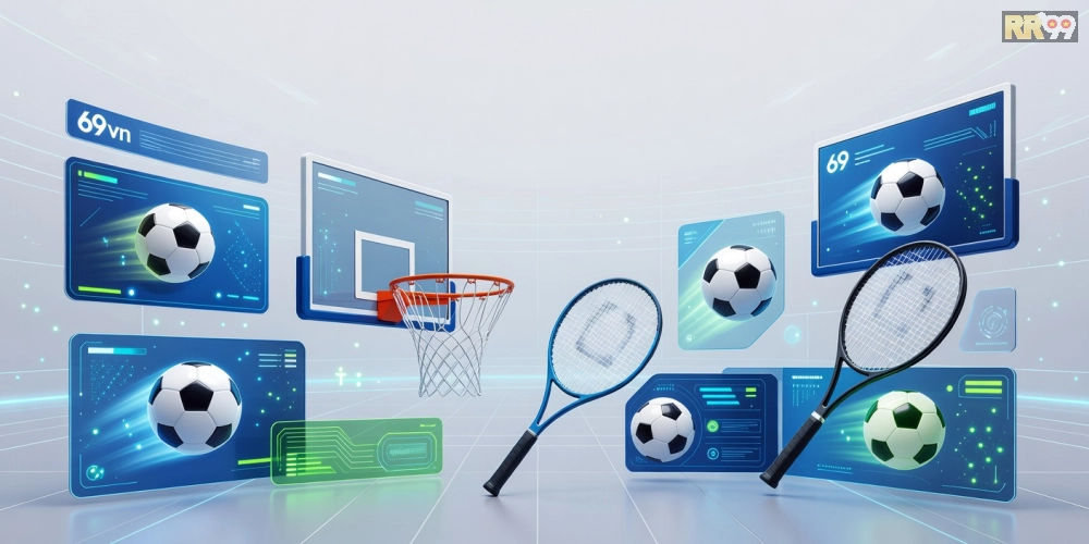 Minh họa khái niệm trò chơi thể thao trên nền tảng 69vn với các biểu tượng đa dạng